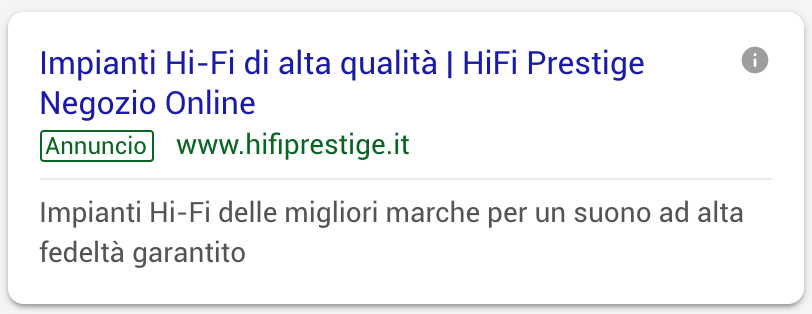 Annuncio Google Ads Hi Fi Prestige 1
